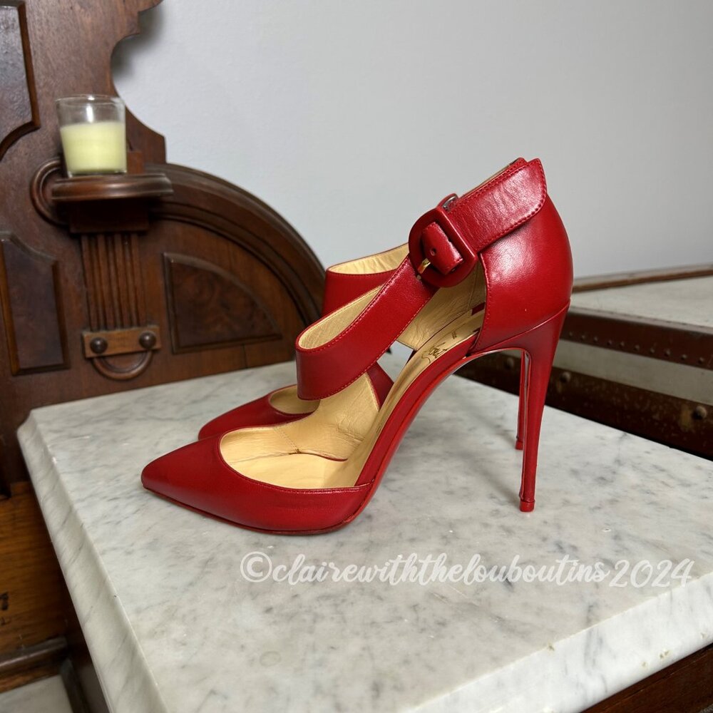 Christian Louboutin Sharpeta 100 Flamenco Red Napa Cross Strap Pumps size 37.5